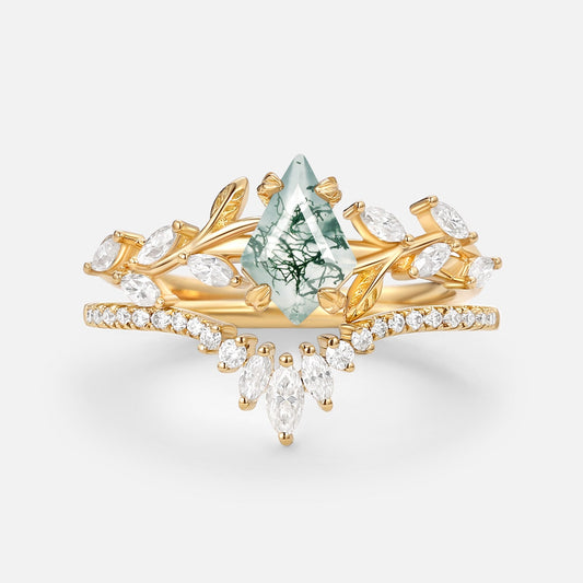 Dart Vintage Kite Cut Moss Agate Leafy Engagement Ring Sets 2pcs