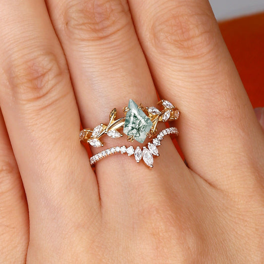 Vintage Kite Cut Moss Agate Leafy Engagement Ring Sets 2pcs - Dart
