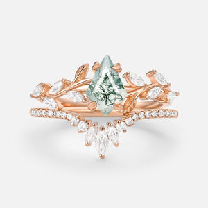 Vintage Kite Cut Moss Agate Leafy Engagement Ring Sets 2pcs - Dart
