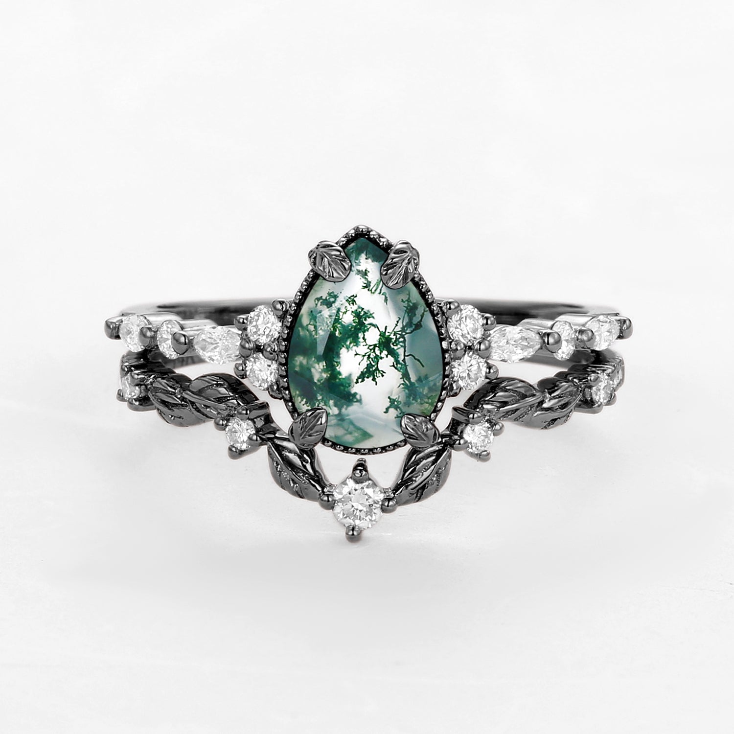Black Gold Vintage Pear Shaped Moss Agate Leafy Ring Set 2pcs