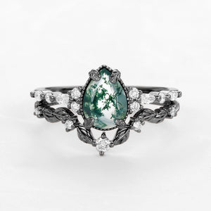 Black Gold Vintage Pear Shaped Moss Agate Leafy Ring Set 2pcs