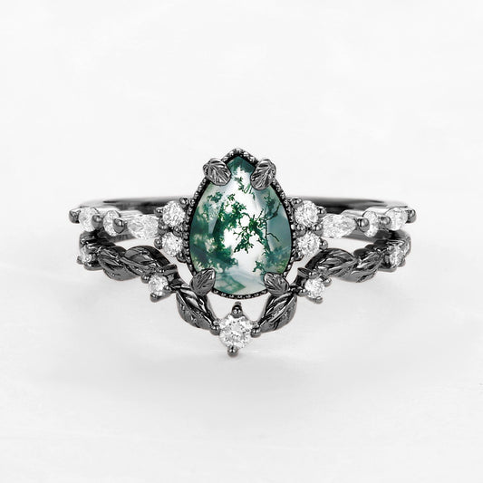 Black Gold Vintage Pear Shaped Moss Agate Leafy Ring Set 2pcs