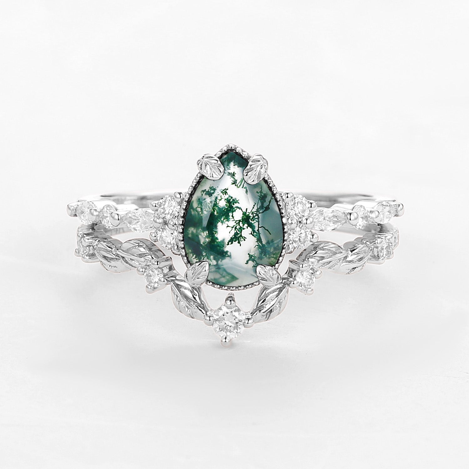 Bryony Vintage Pear Shaped Moss Agate Leafy Ring Set 2pcs