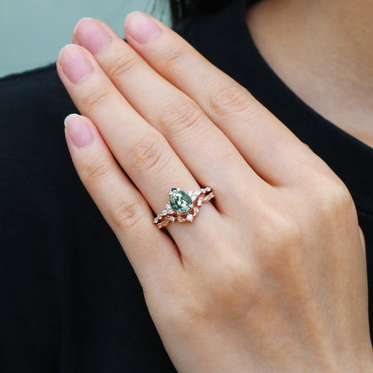 Bryony Vintage Pear Shaped Moss Agate Leafy Ring Set 2pcs