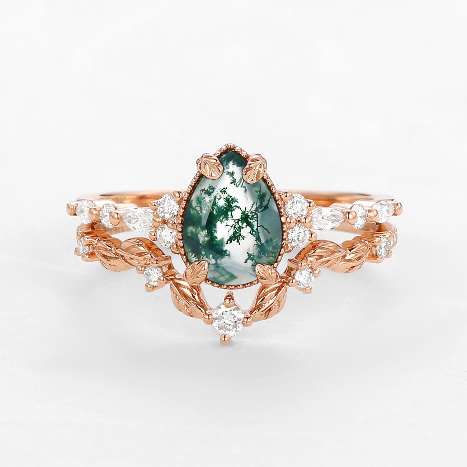 Bryony Vintage Pear Shaped Moss Agate Leafy Ring Set 2pcs