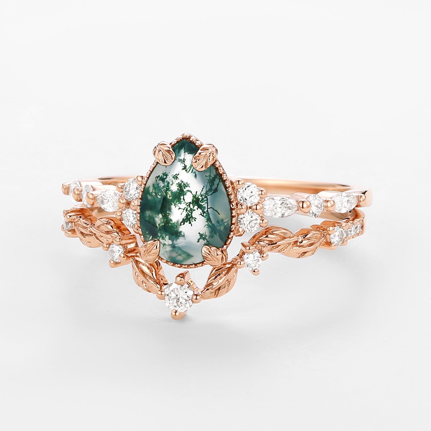 Bryony Vintage Pear Shaped Moss Agate Leafy Ring Set 2pcs