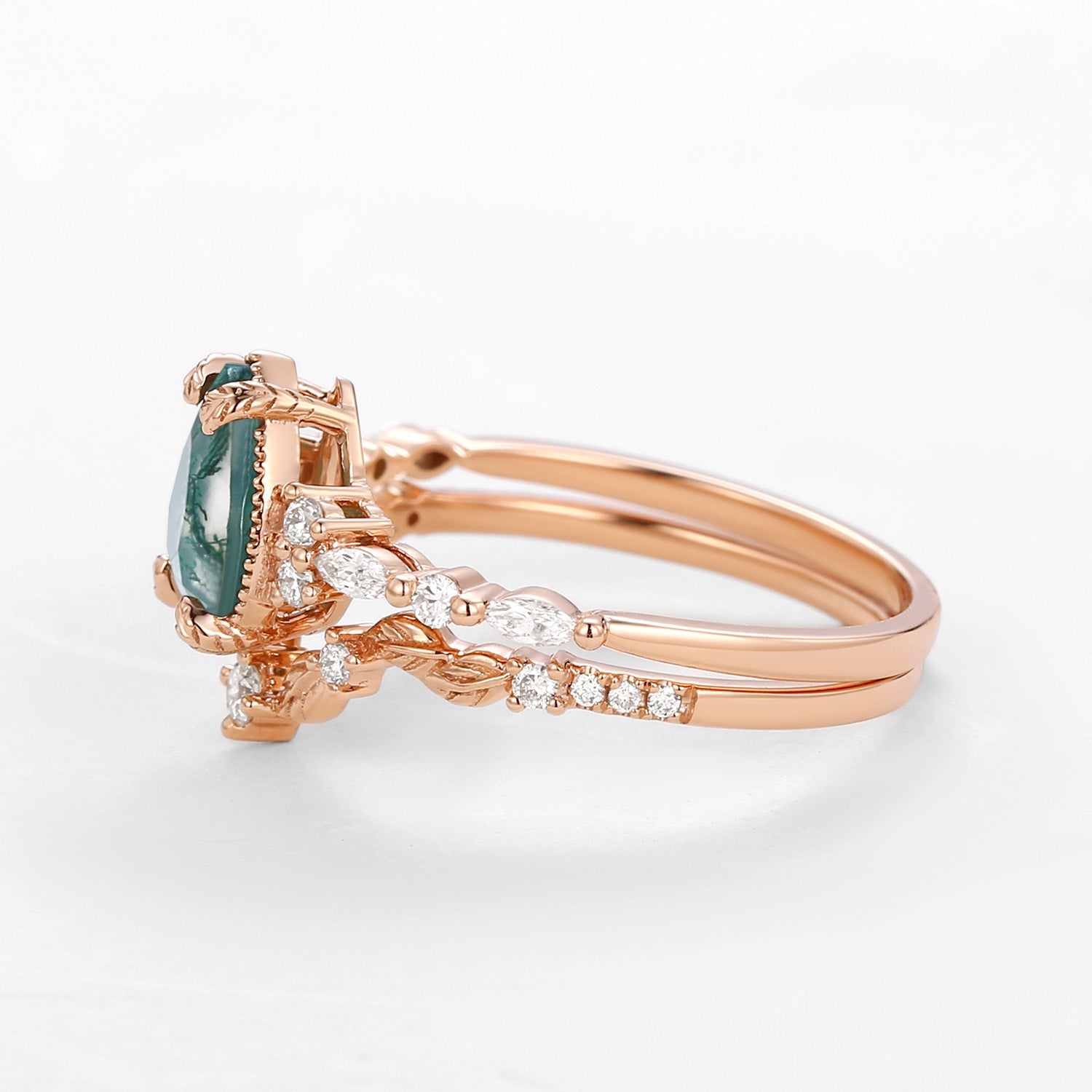 Bryony Vintage Pear Shaped Moss Agate Leafy Ring Set 2pcs