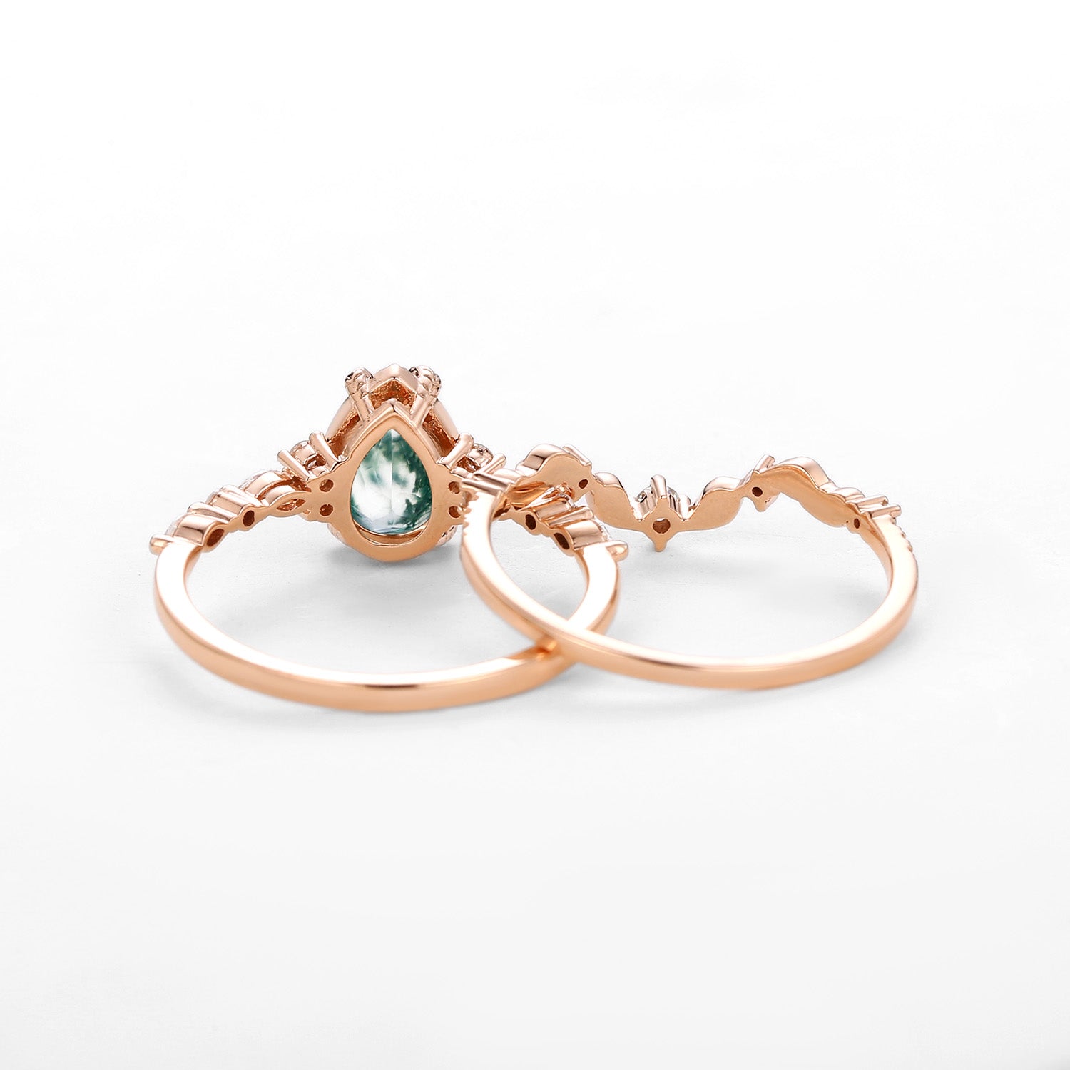Bryony Vintage Pear Shaped Moss Agate Leafy Ring Set 2pcs