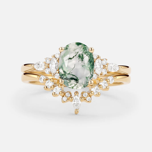 Oval Cut Moss Agate Classic Cluster Gold Ring Set 2pcs - Freya