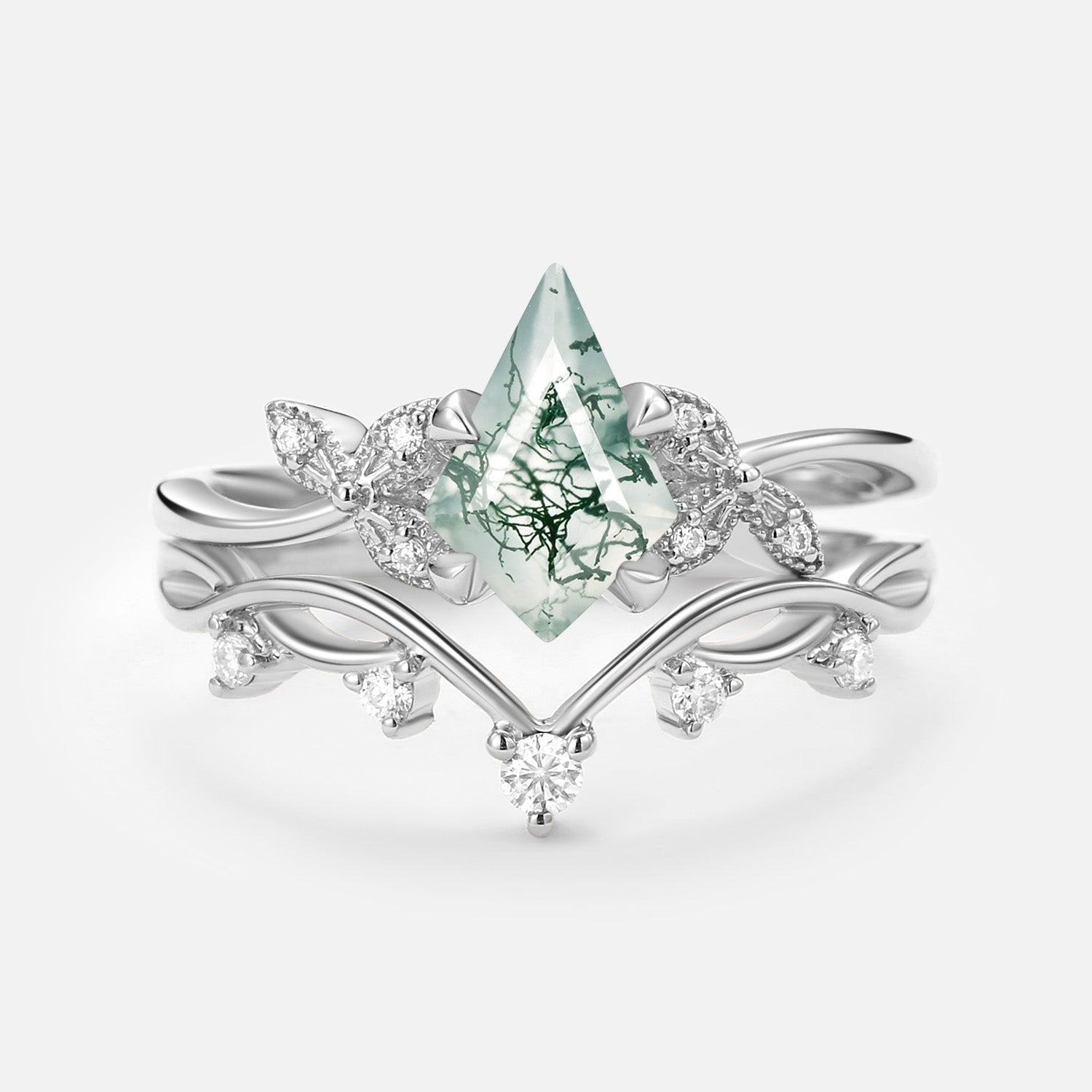 Branch & Leafy Kite Shape Moss Agate Engagement Ring Sets 2pcs