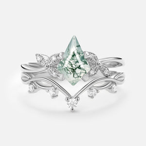 Branch & Leafy Kite Shape Moss Agate Engagement Ring Sets 2pcs