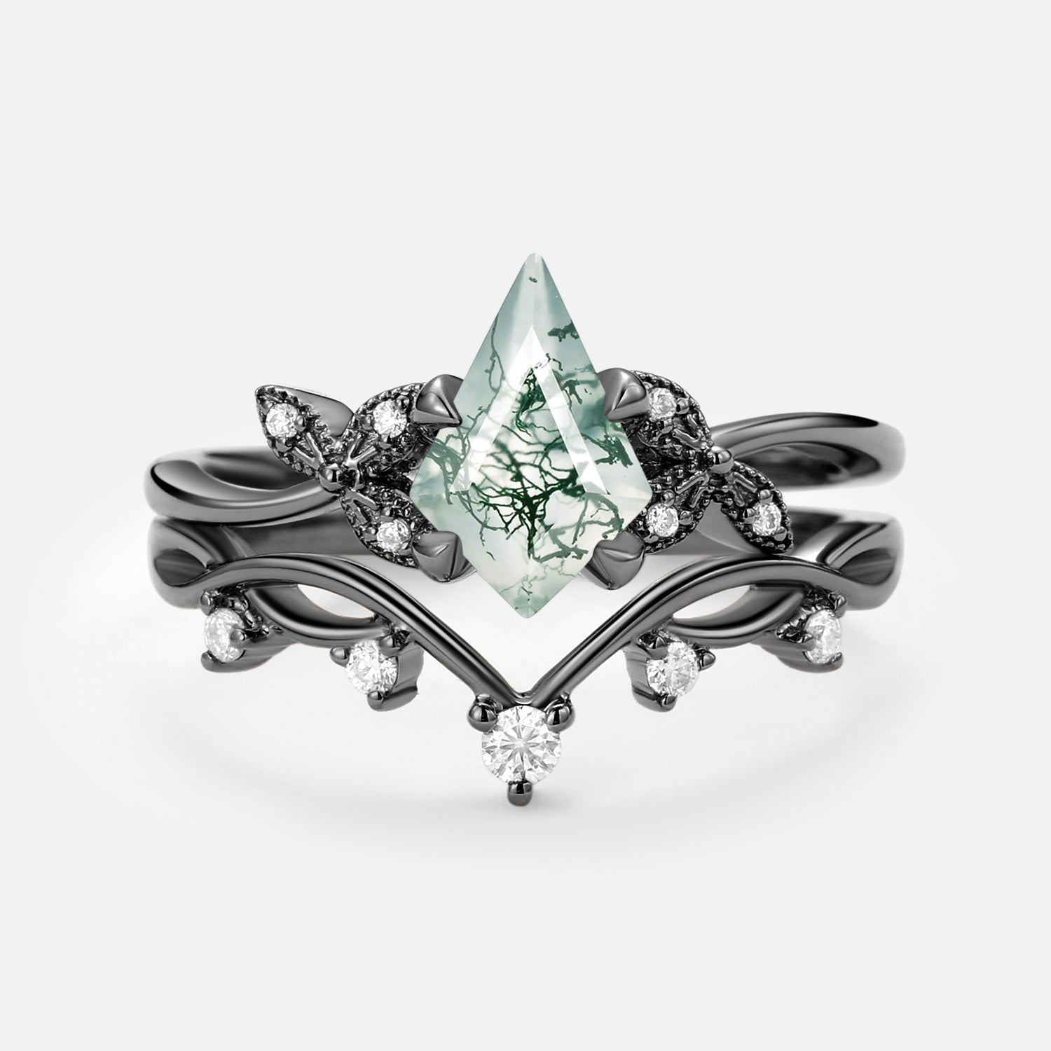 Branch & Leafy Kite Shape Moss Agate Engagement Ring Sets 2pcs