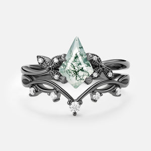 Branch & Leafy Kite Shape Moss Agate Engagement Ring Sets 2pcs