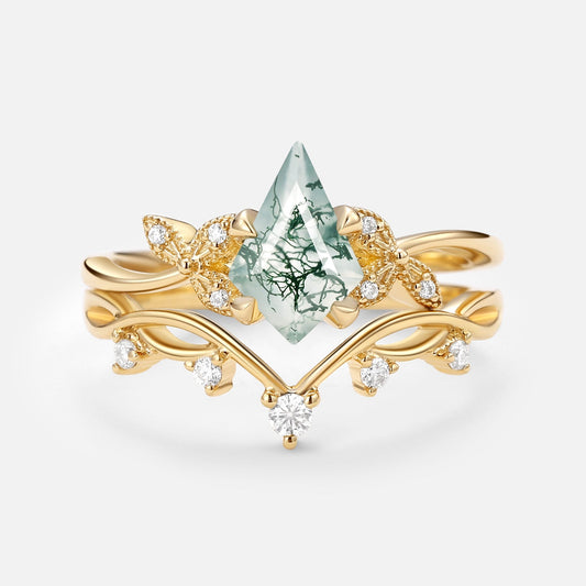 Branch & Leafy Kite Shape Moss Agate Engagement Ring Sets 2pcs