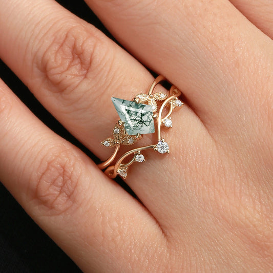 Branch & Leafy Kite Shape Moss Agate Engagement Ring Sets 2pcs