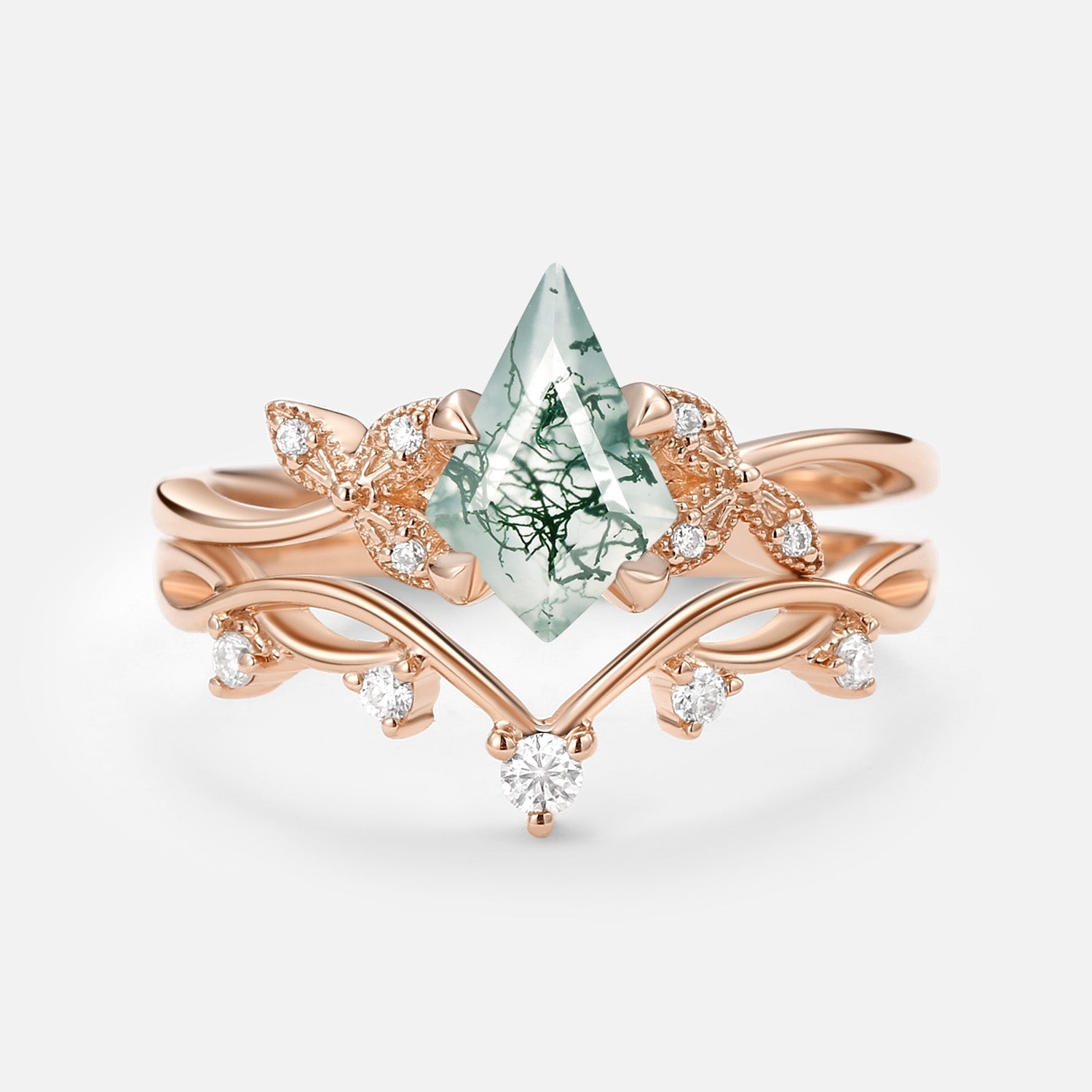 Branch & Leafy Kite Shape Moss Agate Engagement Ring Sets 2pcs