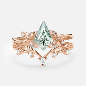 Branch & Leafy Kite Shape Moss Agate Engagement Ring Sets 2pcs