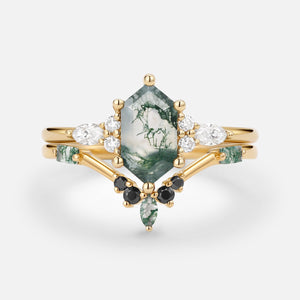 Unique Hexagon Moss Agate & Black Onyx Ring Set 2PCS