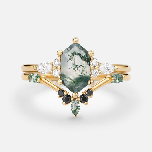 Unique Hexagon Moss Agate & Black Onyx Ring Set 2PCS