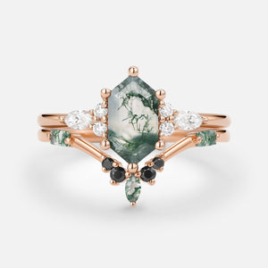 Unique Hexagon Moss Agate & Black Onyx Ring Set 2PCS