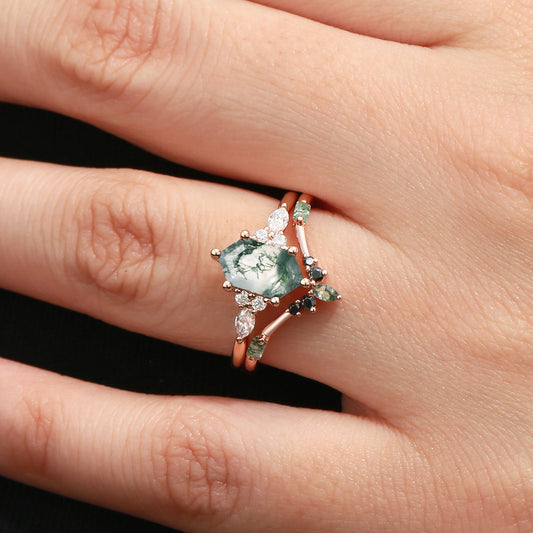 Unique Hexagon Moss Agate & Black Onyx Ring Set 2PCS