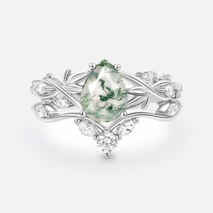 Pear Shaped Moss Agate Three Leaves Bridal Ring Set 2pcs