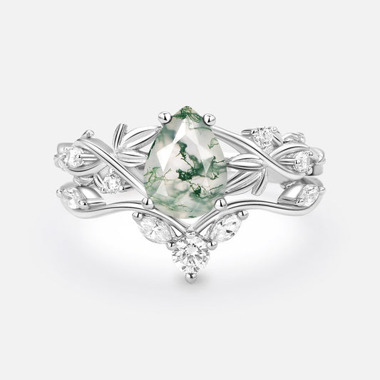 Pear Shaped Moss Agate Three Leaves Bridal Ring Set 2pcs