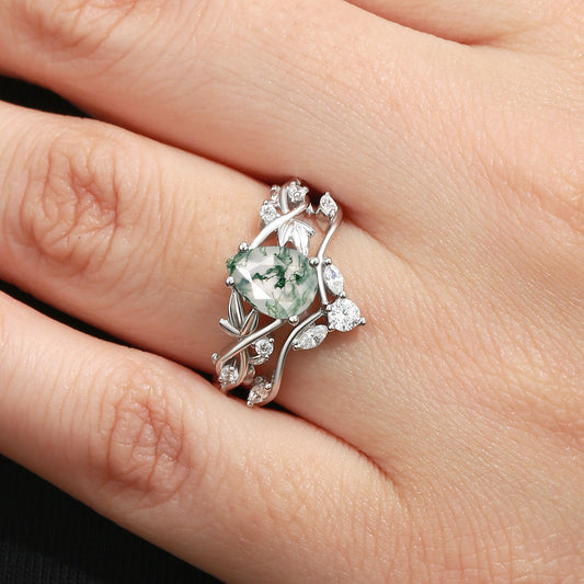 Pear Shaped Moss Agate Three Leaves Bridal Ring Set 2pcs