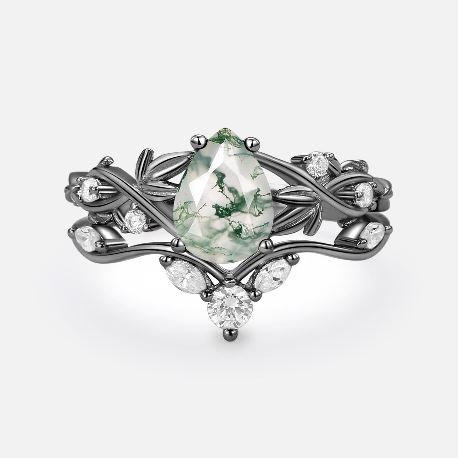 Pear Shaped Moss Agate Three Leaves Bridal Ring Set 2pcs