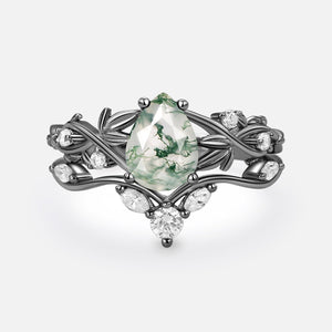 Pear Shaped Moss Agate Three Leaves Bridal Ring Set 2pcs