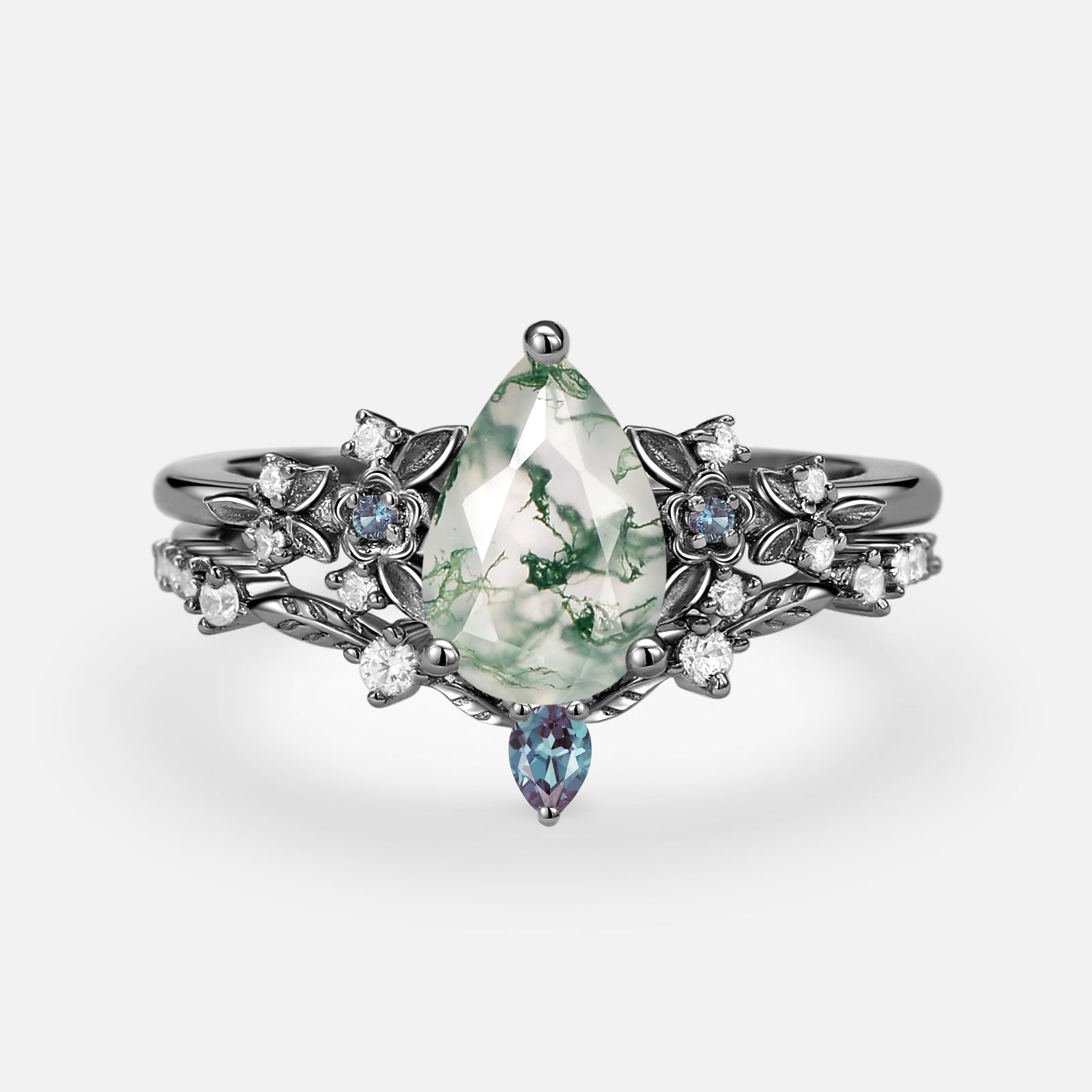 Pear Shaped Moss Agate Flower Bridal Ring Set 2pcs
