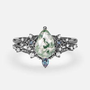Pear Shaped Moss Agate Flower Bridal Ring Set 2pcs