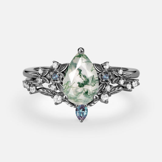 Pear Shaped Moss Agate Flower Bridal Ring Set 2pcs