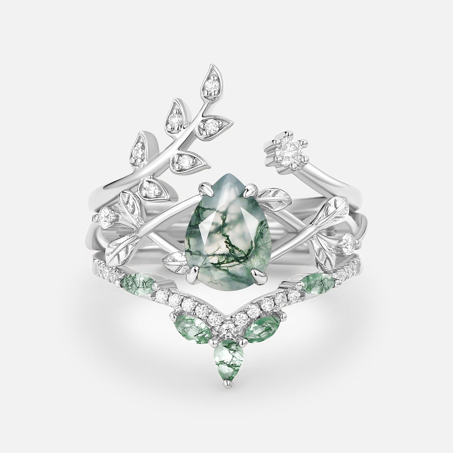 Liliana Pear Cut Moss Agate Leafy Ring Set 3pcs