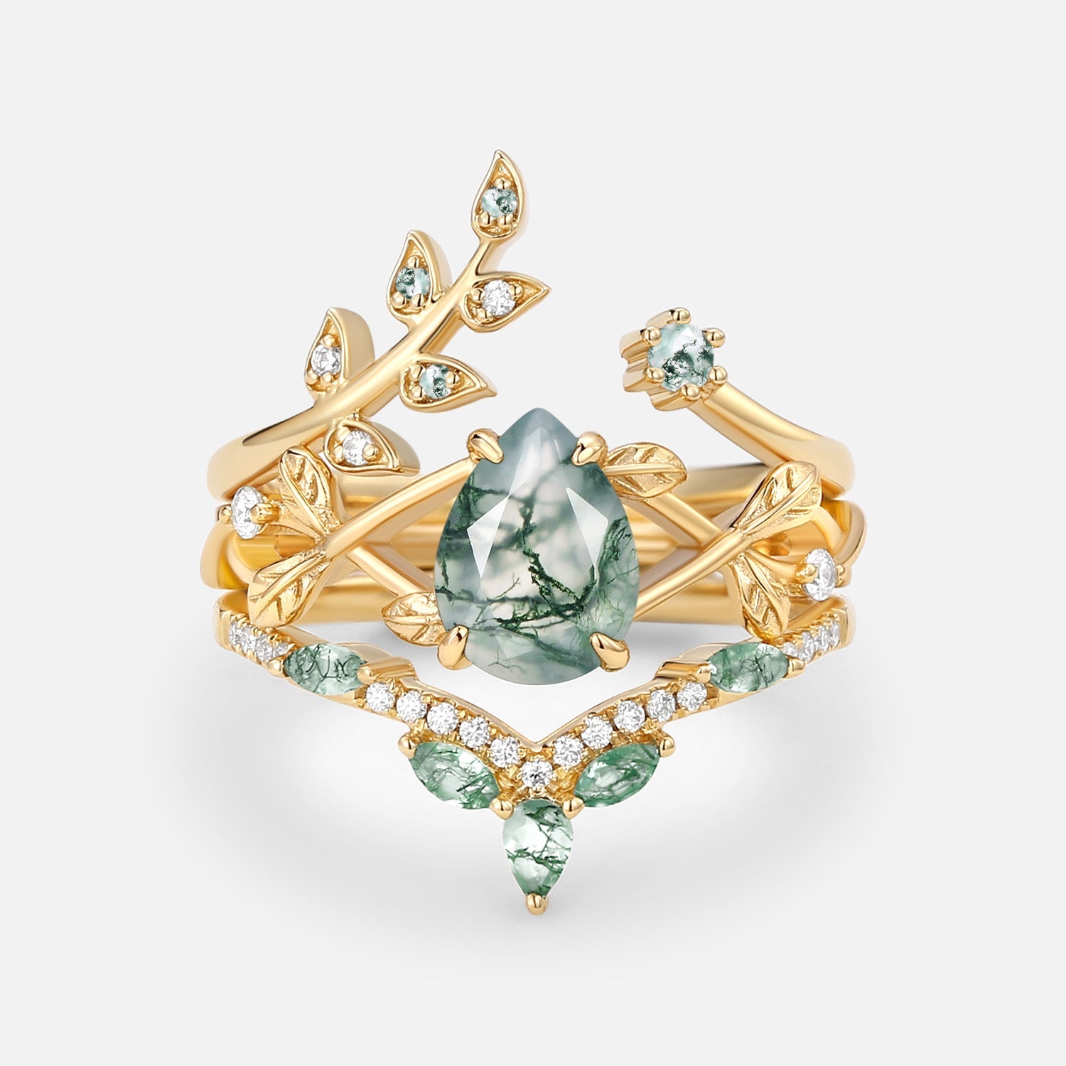 Liliana Pear Cut Moss Agate Leafy Ring Set 3pcs