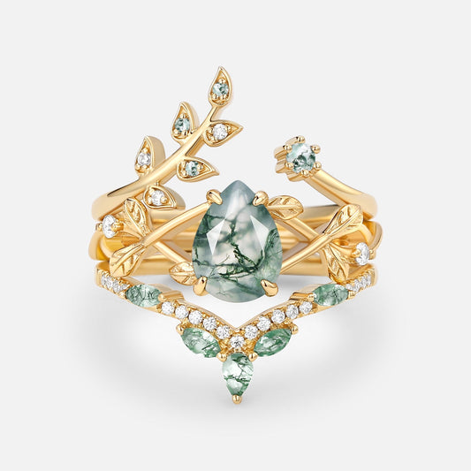 Liliana Pear Cut Moss Agate Leafy Ring Set 3pcs