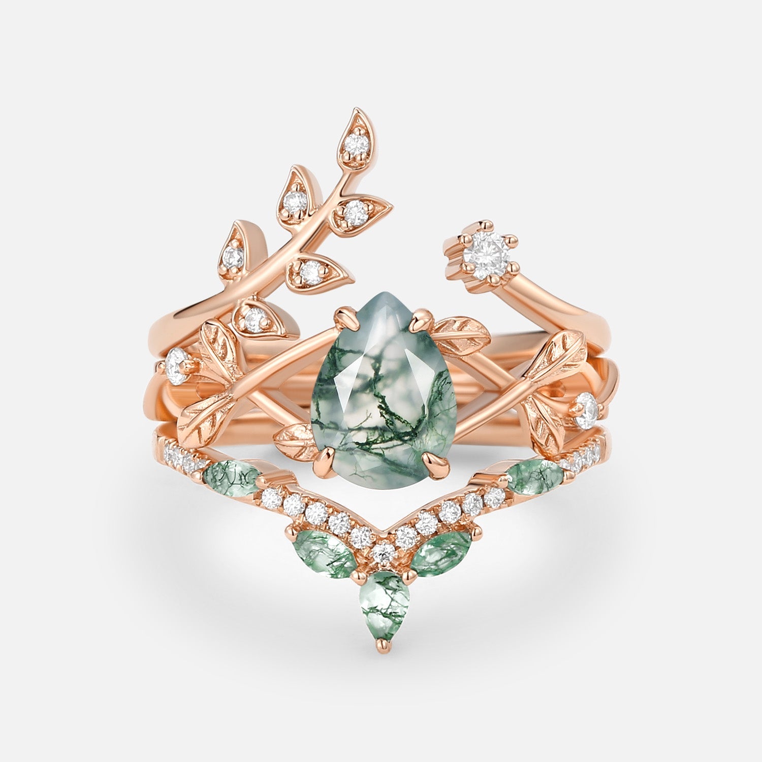 Liliana Pear Cut Moss Agate Leafy Ring Set 3pcs