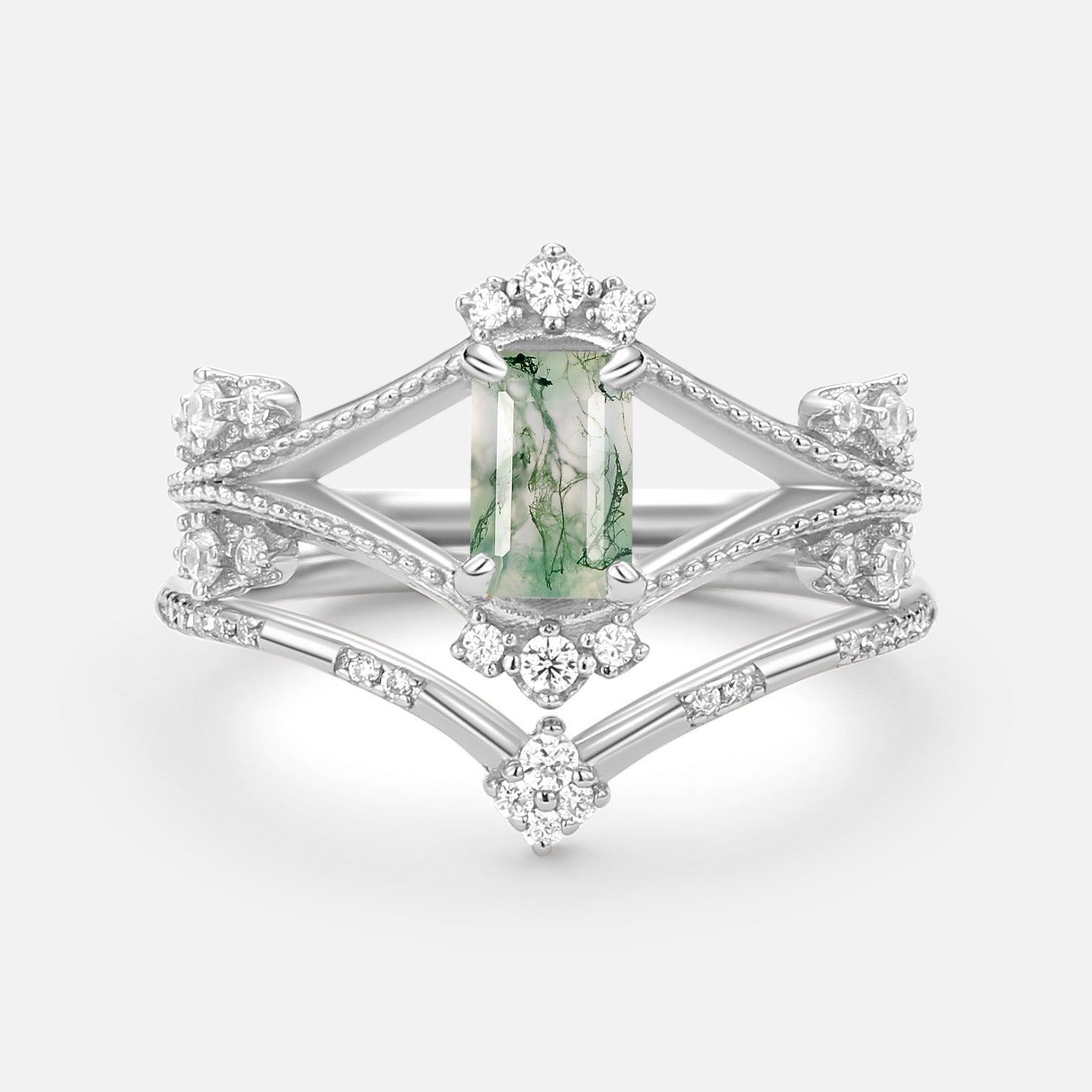 Emerald Cut Green Moss Agate Unique Engagement Ring Set 2PCS