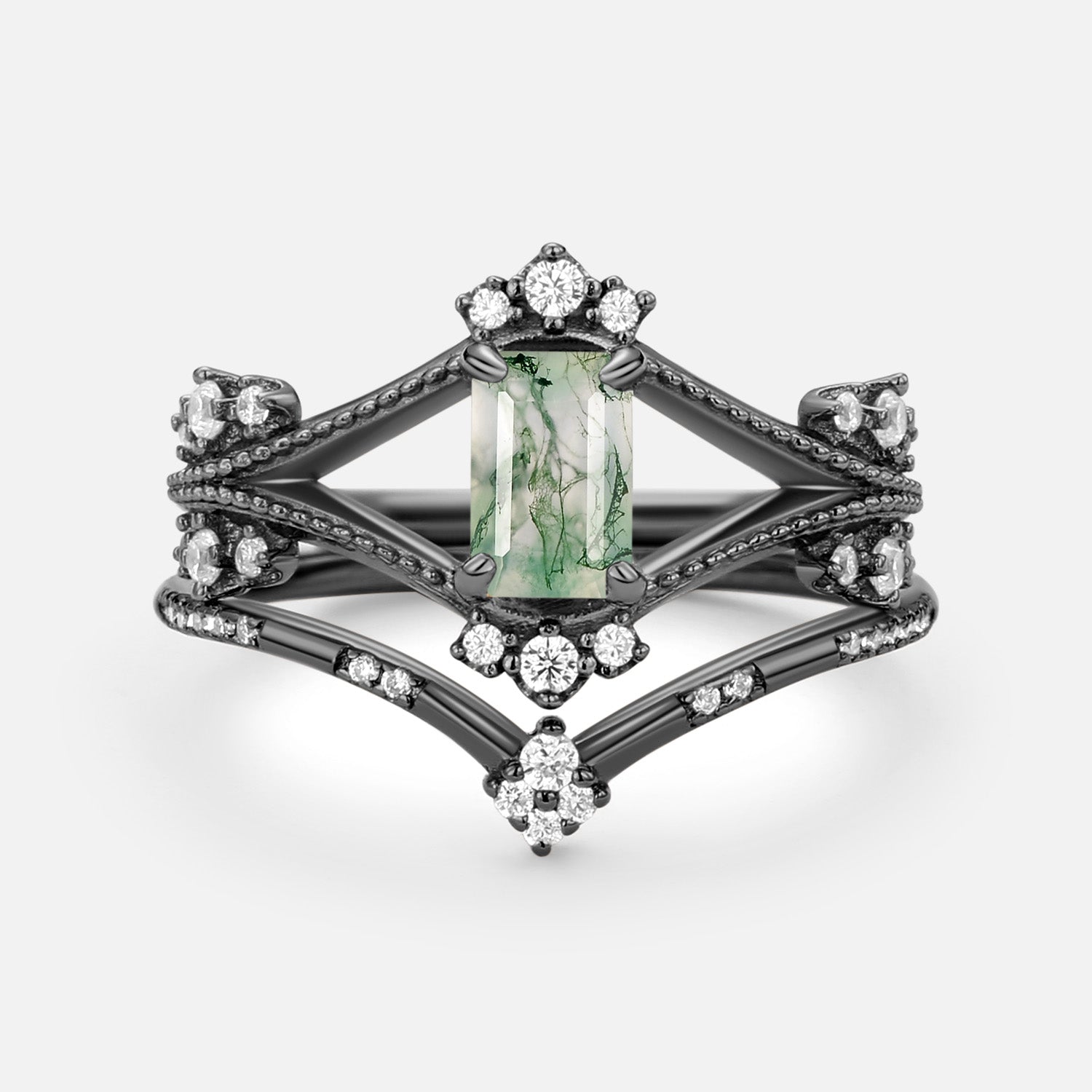 Emerald Cut Green Moss Agate Unique Engagement Ring Set 2PCS