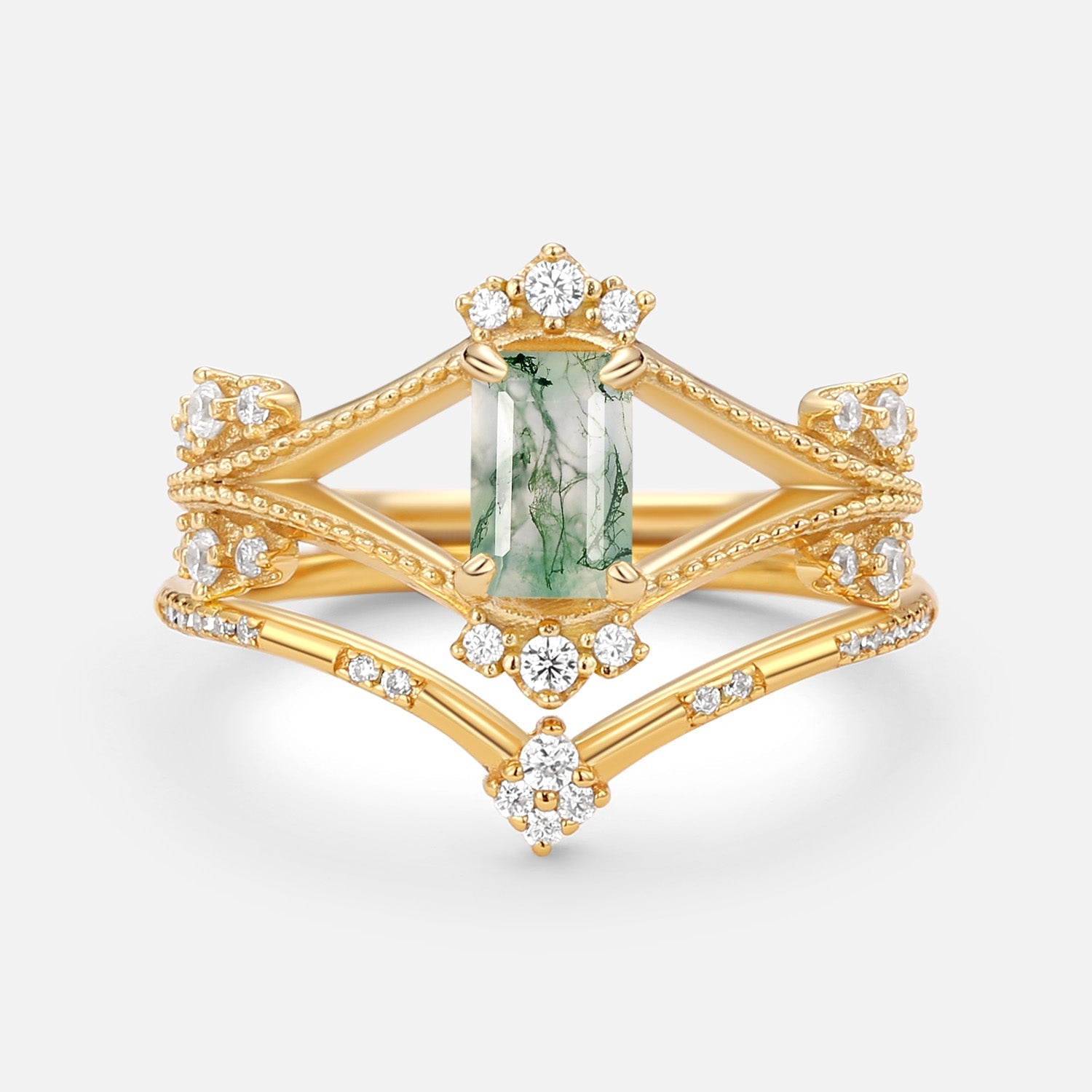 Emerald Cut Green Moss Agate Unique Engagement Ring Set 2PCS