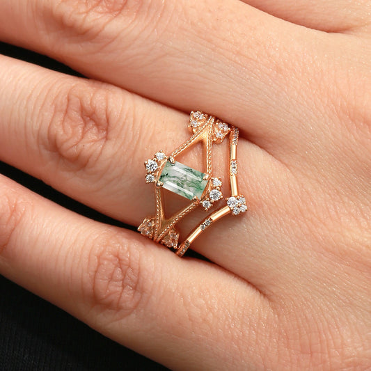 Emerald Cut Green Moss Agate Unique Engagement Ring Set 2PCS
