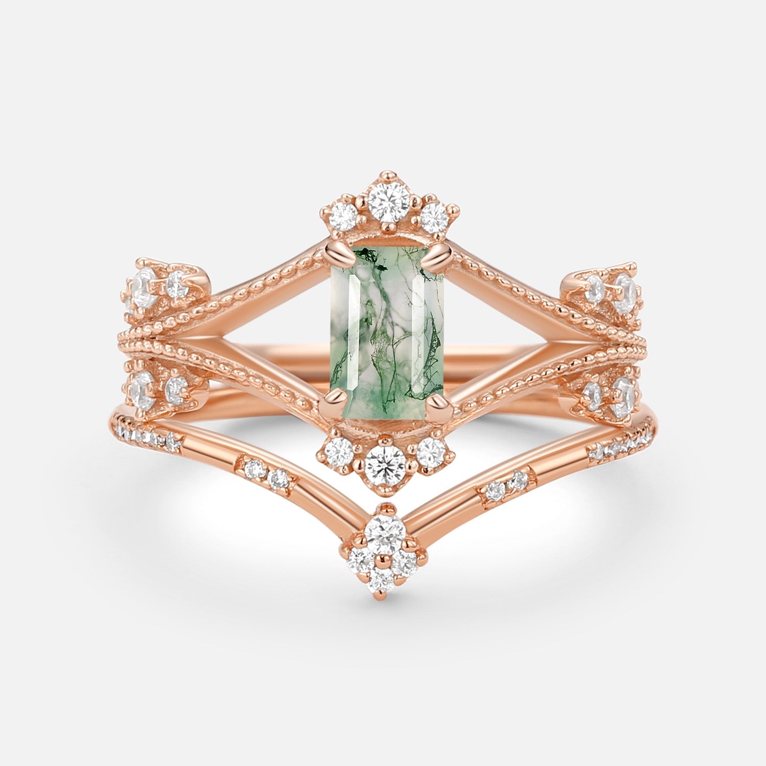 Emerald Cut Green Moss Agate Unique Engagement Ring Set 2PCS