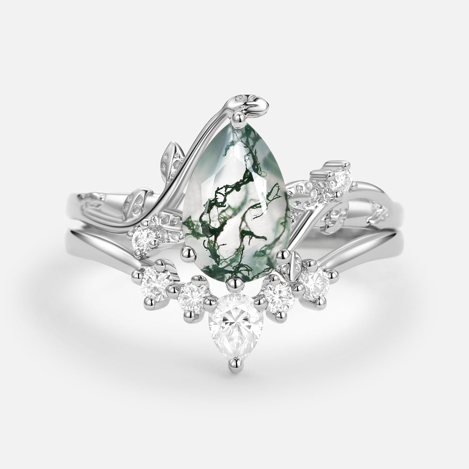 Unique Pear Shaped Moss Agate Leafy Bridal Ring Sets 2pcs - Willow