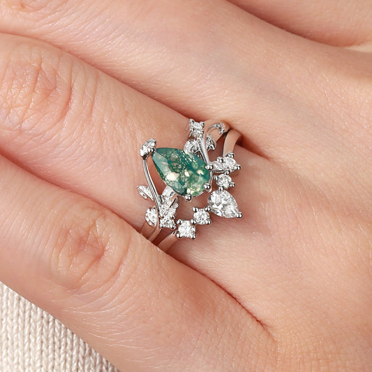 Willow Unique Pear Shaped Moss Agate Leafy Bridal Ring Sets 2pcs