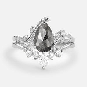 Unique Pear Shaped Moss Agate Leafy Bridal Ring Sets 2pcs - Willow