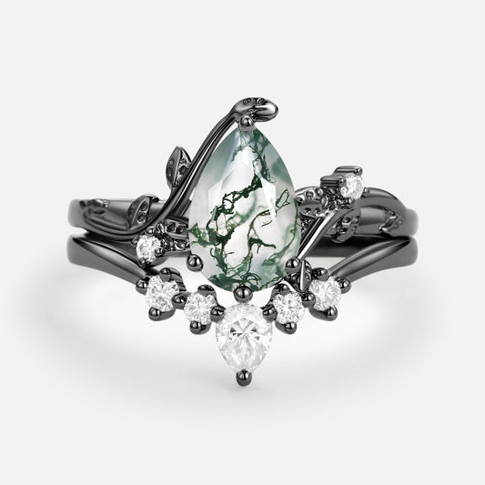 Black Gold Unique Pear Shaped Moss Agate Leafy Bridal Ring Sets 2pcs - Willow