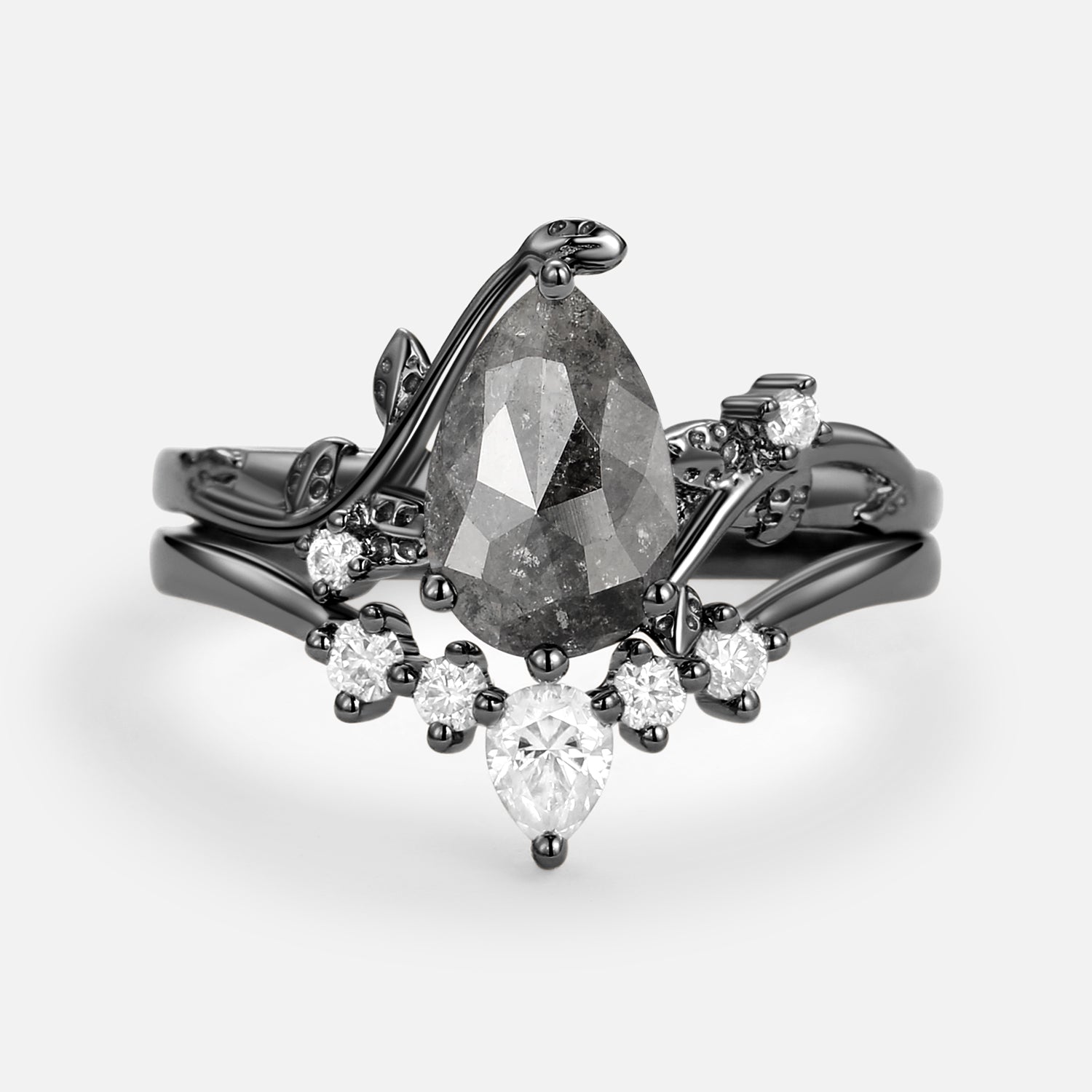 Unique Pear Shaped Moss Agate Leafy Bridal Ring Sets 2pcs - Willow
