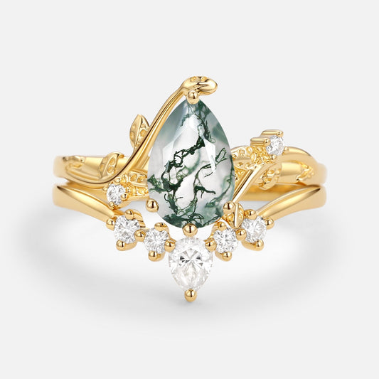Willow Unique Pear Shaped Moss Agate Leafy Bridal Ring Sets 2pcs