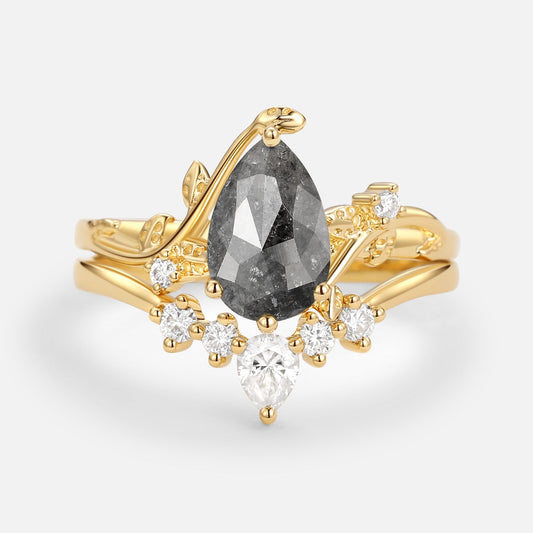 Unique Pear Shaped Moss Agate Leafy Bridal Ring Sets 2pcs - Willow