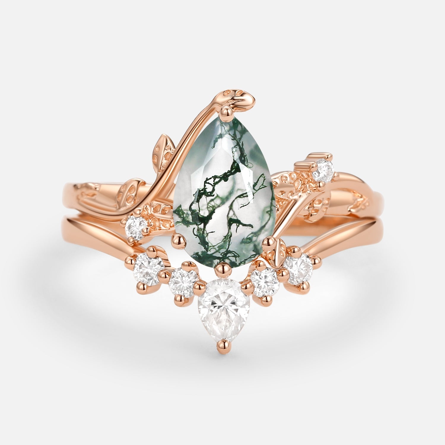 Unique Pear Shaped Moss Agate Leafy Bridal Ring Sets 2pcs - Willow